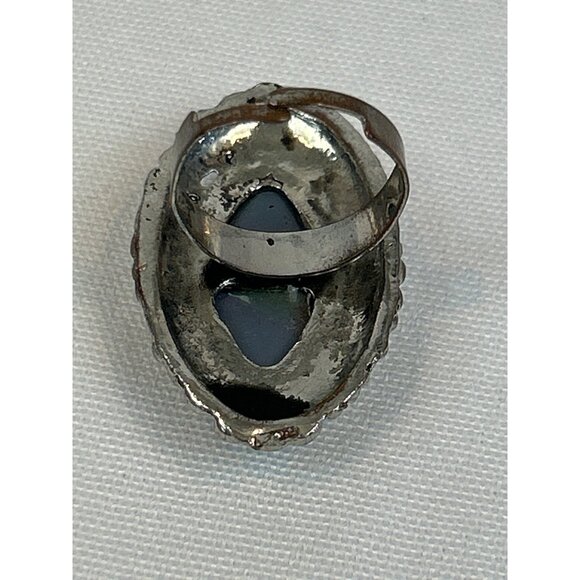 Vintage Silver Tone Ring Marquise Cut Black Stone Adjustable - Picture 3 of 6
